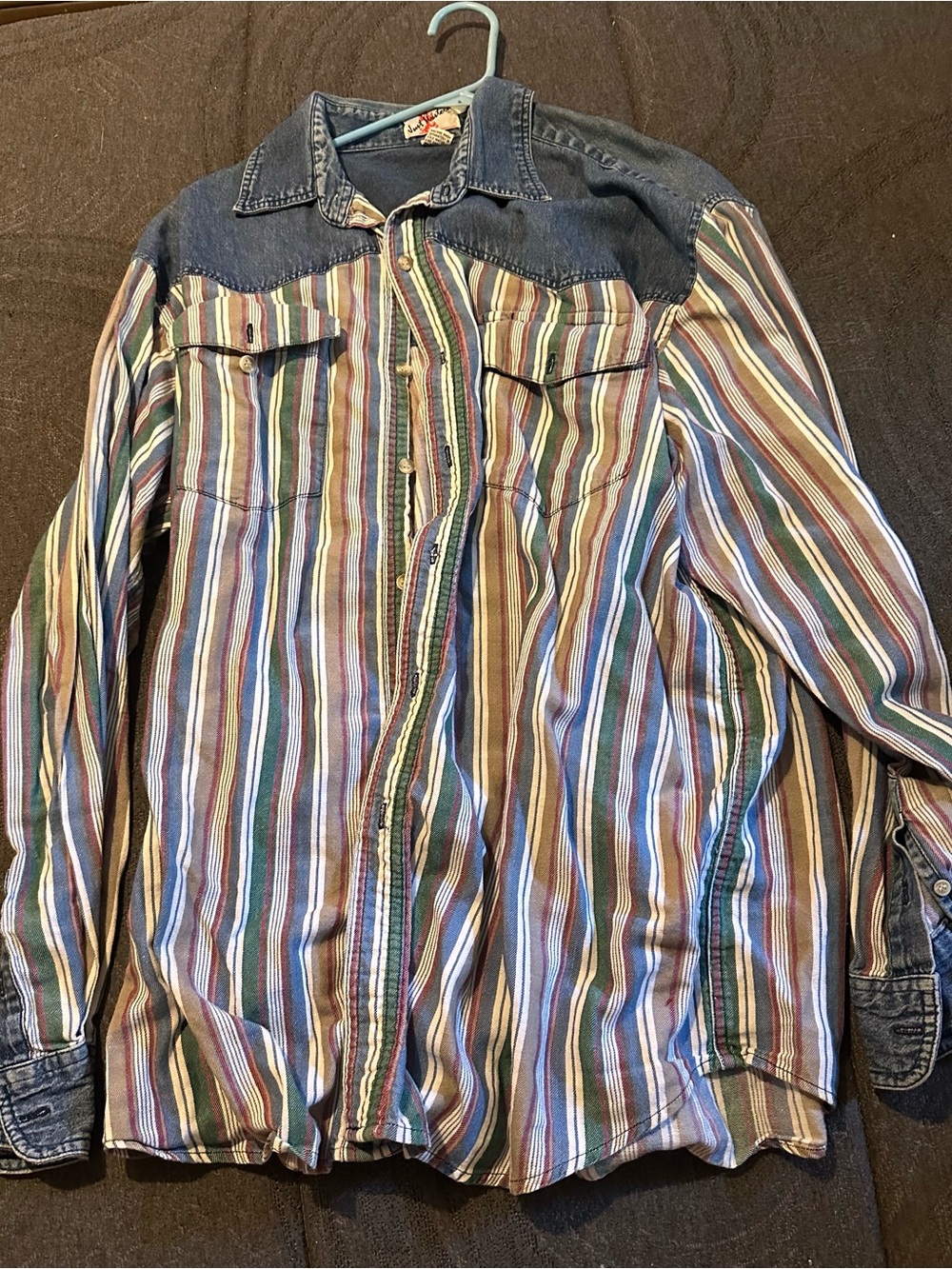 Vintage Just Western Shirt XL 100% Cotton Denim Yoke Striped Colorblock 80s 90s